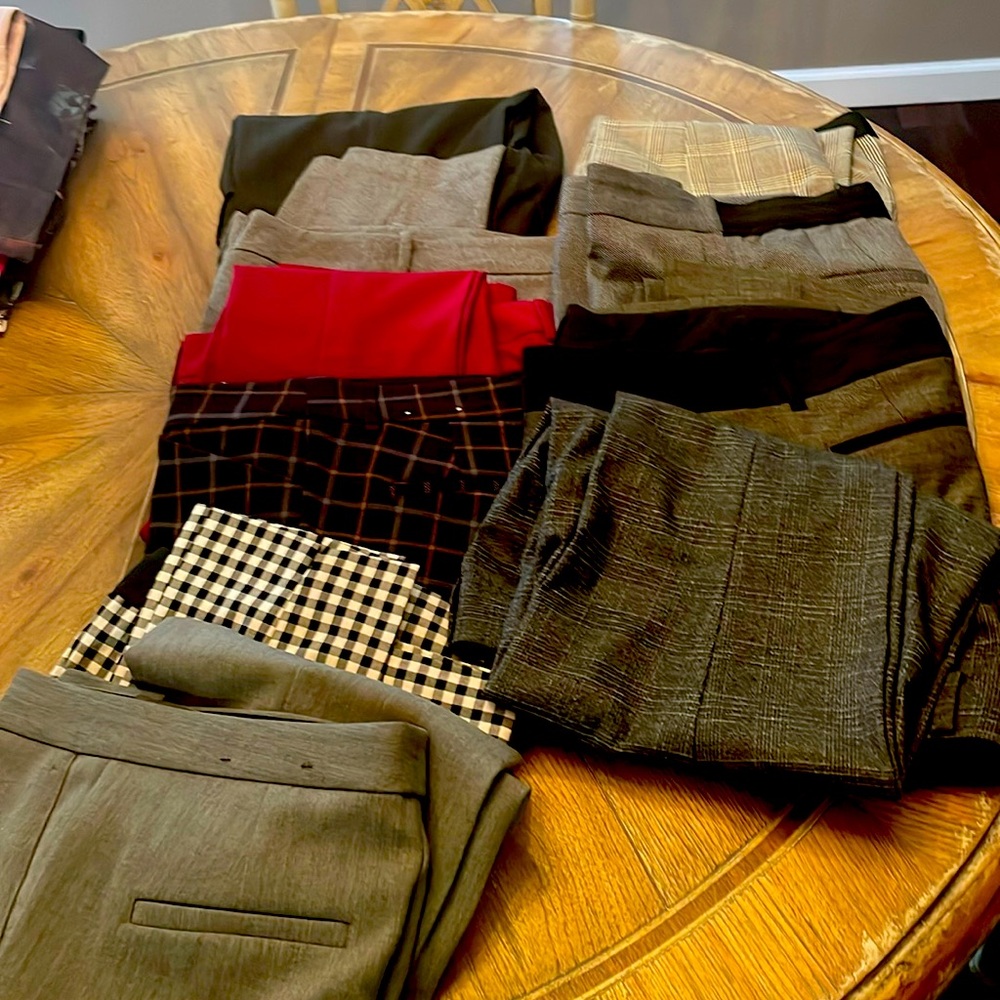 Size 2 10 pair slim leg work pants. Assorted colors. Dress For Success